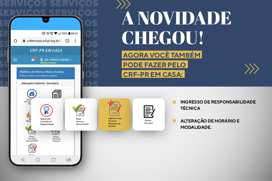 Faça online pelo CRF-PR em Casa: Ingresso de Responsabilidade Técnica, Alteração de Horário e Modalidade